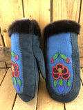 Blue suede mitts with seal fur cuff and 2 tone red beaded flower