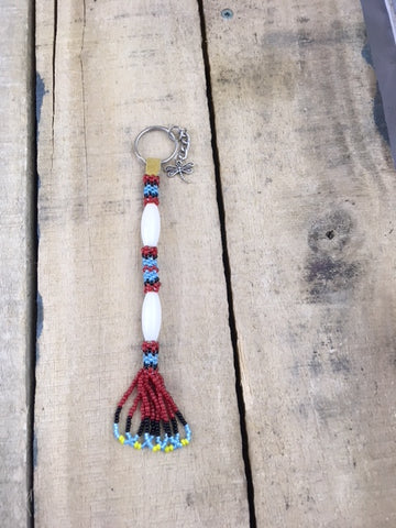 Large White Bead Ornamental Keychain with Red/Black and Blue Beads