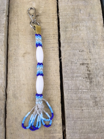 Large White Bead Ornamental Keychain with 3 tone Blue and Silver Beads