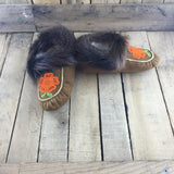 Beaded Orange Flowers on Hand Tanned Moose Hide Slippers with Beaver Fur